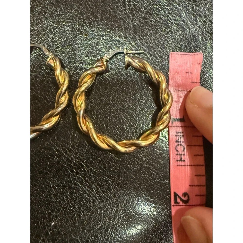 Vintage Italy 925 Sterling Silver Gold Vermeil Twisted‎ Rope Hoop Earrings 1.25